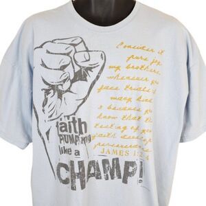 Christian T Shirt Mens Size 2XL Blue Faith Pumping Like A Champ James 1:2-4